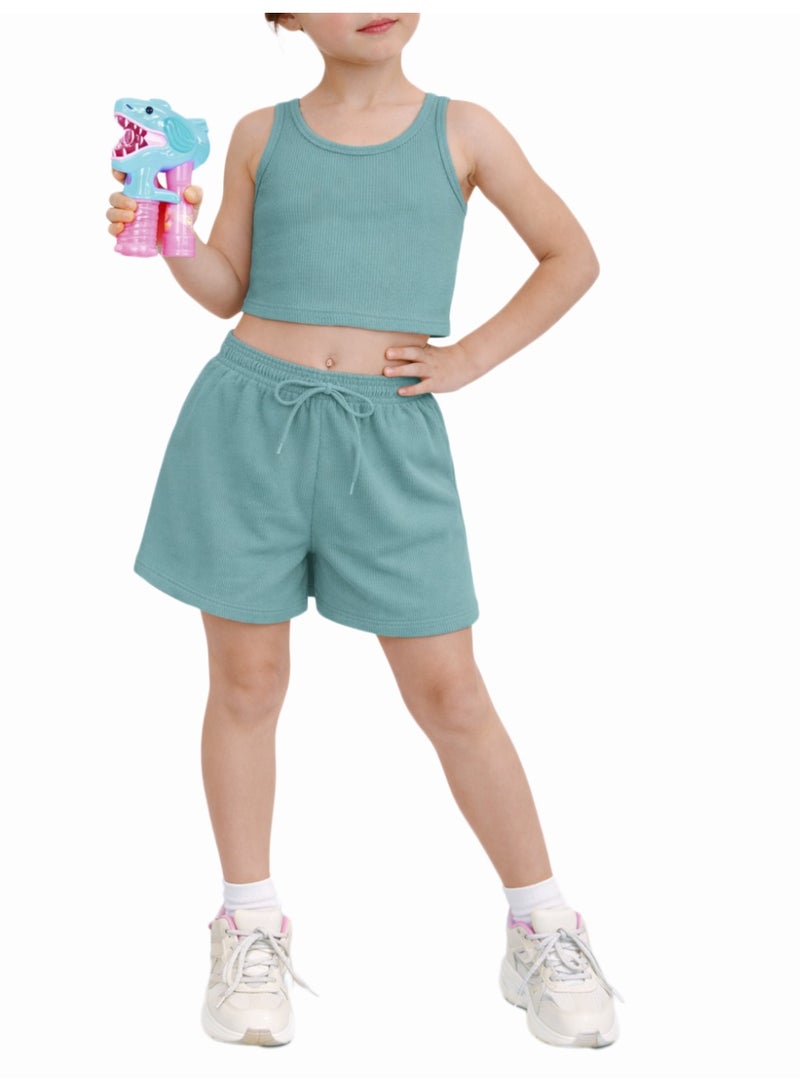 نايلتون طقم ملابس بناتي مكون من توب قصير مضلع وشورت عالي الخصر.  طقم ملابس كاجوال للأطفال - توب قصير وشورت برباط - Image 1